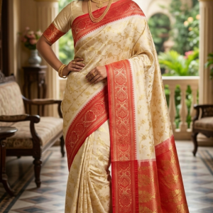 Premium Half Silk Katan Saree with Golden Design & Red Border